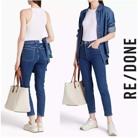 RE/Done 90s High Rise Ankle Crop Dark Western Rinse Jeans Size 32 Button Fly R15 - Picture 1 of 8